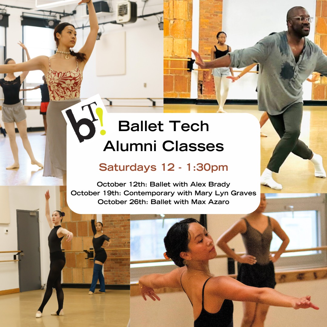 Four photos of alumni dancing collaged together in a grid, with a text blurb atop that writes "Ballet Tech Alumni Classes."