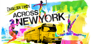 Logo of Ballet Tech Across New York, featuring a colorful backdrop of with an outline of the NYC skyline, with a yellow school bus in the center, and three silhouettes of dancers jumping and leaping in different positions.