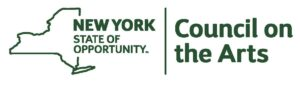 Logo of the NYC Council on the Arts. "New York State of Opportunity" is written in green letters next to a drawing of the outline of NY state. "Council on the Arts" is written in larger text.