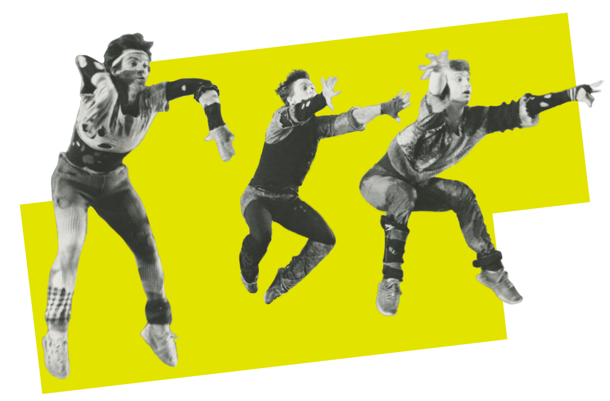 An old black and white image of three adult male dancers in funky costumes, jumping with their knees tucked and arms outstretched forward. The dancers are cut out against a bright green, angular backdrop.