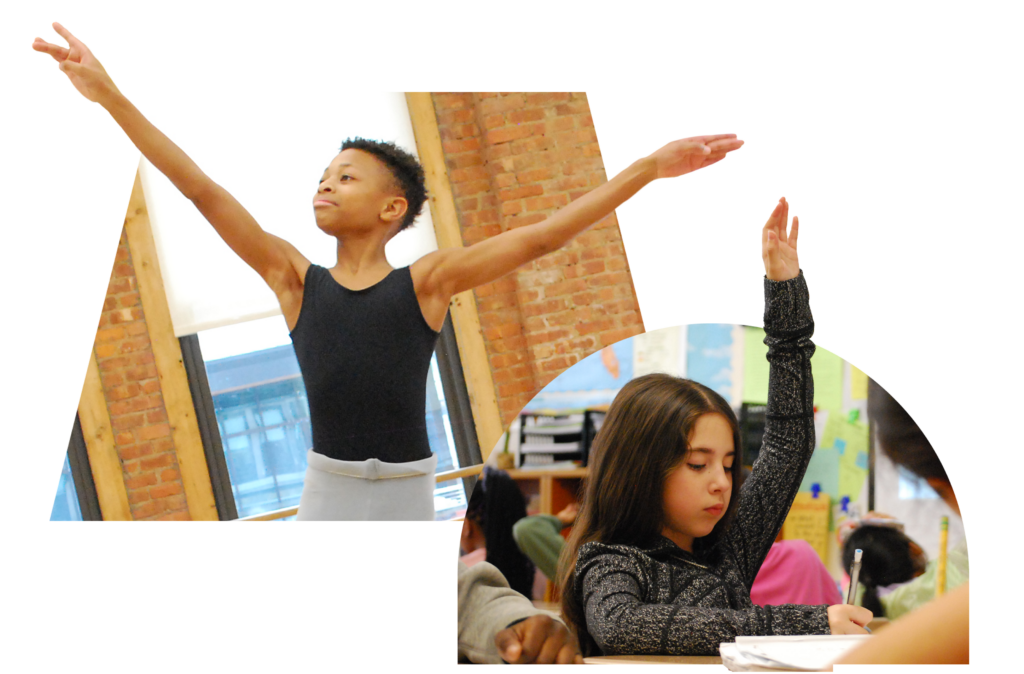 Two photos side by side; 1. A young boy in dance uniform smiling with his arms splayed in the air, shown from the waist up and 2. A young girl sits in a classroom working at her desk, raising her hand.