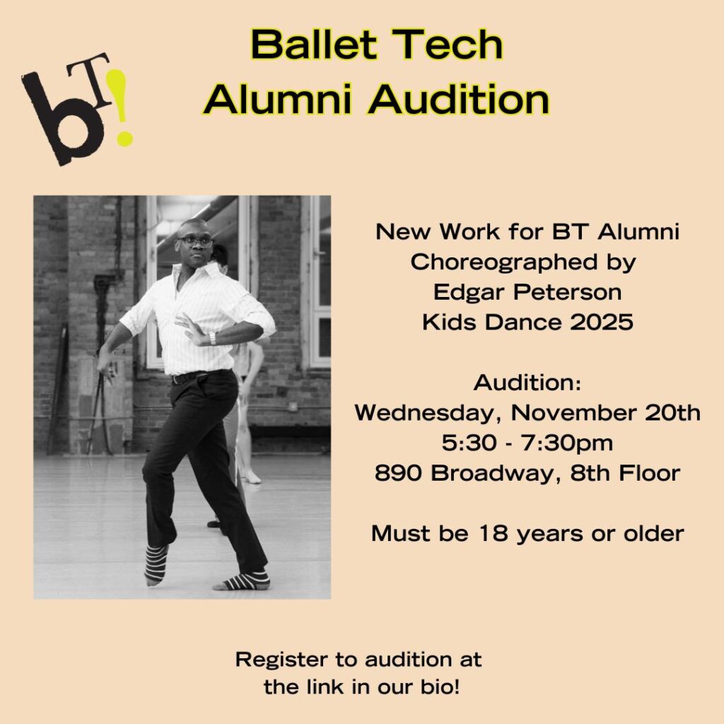 Alumni Edgar Peterson dances in a studio. His image lays atop a graphic for Instagram that reads "Ballet Tech Alumni Audition."