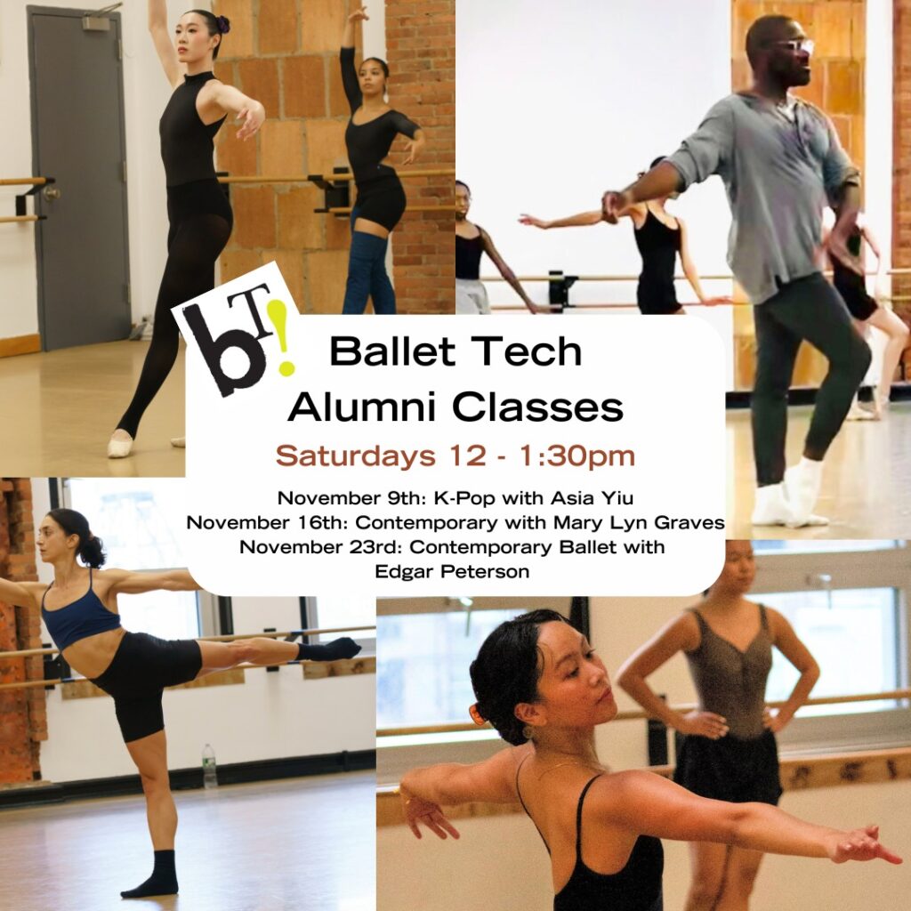 Four photos of alumni dancing collaged together in a grid, with a text blurb atop that writes "Ballet Tech Alumni Classes."